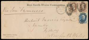 NEW SOUTH WALES COMMISSION: 1876 long envelope with imprints 'New South Wales Commission' at top & 'Main Exhibition Building/PHILADELPHIA' at lower-left, to Herbert Morris in Sydney with 5c Taylor + 10c Jefferson x2 (all with corner faults, overpaid 1c) t