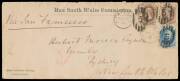 NEW SOUTH WALES COMMISSION: 1876 long envelope with imprints 'New South Wales Commission' at top & 'Main Exhibition Building/PHILADELPHIA' at lower-left, to Herbert Morris&nbsp;in Sydney with 5c Taylor + 10c Jefferson x2 (all with corner faults, overpaid 1c) t