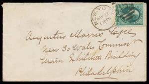 INWARDS COVER: 1876 cover to "Augustus Morris/New So Wales Commissr/Main Exhibition Building/Philadelphia" with 3c green Washington tied by New York duplex, poor Philadelphia arrival b/s, repaired flap faults. 