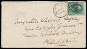 INWARDS COVER: 1876 cover to "Augustus Morris/New So Wales Commissr/Main Exhibition Building/Philadelphia" with&nbsp;3c green Washington tied by New York duplex, poor Philadelphia arrival b/s, repaired flap faults.&nbsp;