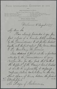 August 1877 letter to The Mayor of Richmond, on "Paris International Exhibition of 1878 -  Royal Commissioners for Victoria" letterhead; together with a printed Exhibitor's Form of Application and an August 1877 printed letter regarding arrangements being