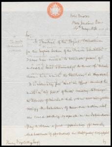 KING EDWARD VII: 1878 (May 14) holograph letter signed Albert Edward P.(future Edward VII), then at the Hotel Bristol in Paris; in his capacity as President of the Royal Commission for the British Court at the Paris Exhibition; with the crest of the Commi