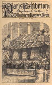 ENGRAVING, front page "Paris Exhibition, Supplement to the Illustrated London News" for May 11, 1878, showing "Marshall Macmahon Opening the Exhibition from the Great Tribune in front of the Trocadero Bilding", window mounted, overall 34x51cm.