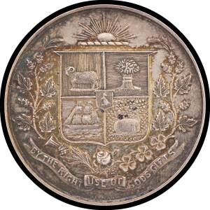 MEDALLIONS: Silver (35mm) by Altmann, 'GEELONG INDUSTRIAL & JUVENILE EXHIBITION 1879-80' awarded to &nbsp;'MISS Mc NEAN / NEWTOWN' for 'WOOL / PICTURE', reverse Geelong Coat of Arms above scroll 'BY THE RIGHT USE OF GODS GIFTS', gEF.The Geelong Industrial & Ju