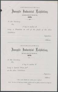 PRINTED ADVICE to accompany Donations and Special Prizes being provided by contributors, for the 1879 Juvenile Industrial Exhibition. Fine condition.