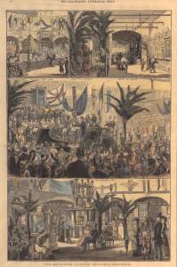 A full page of 3 engravings from 'The Illustrated Australian News' for 18 January 1880, "The Melbourne Juvenile Industrial Exhibition", hand-coloured, window mounted, overall 33x50cm.