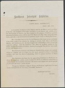 1879 SANDHURST [BENDIGO] INDUSTRIAL EXHIBITION: October 1878 printed invitation to participate sent to the Mayor of Richmond; also, an unused "Exhibitor's Form of Application. Juvenile Department". (2 items).[The Exhibition ran from March to July 1879].