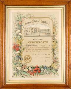 AWARD CERTIFICATE: 1879 SANDHURST INDUSTRIAL EXHIBITION, First Class Certificate, colour lithograph by W.Holmes of Sandhurst; decorated with a view of the Exhibition building and Australian wildflowers, printed by W.Holmes, Sandhurst, awarded to Mary Shep