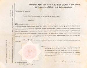 January 1879 Letters Patent under the Seal of New South Wales appointing 2 new Commissioners to the 1879-80 Sydney International Exhibition - William Brodribb & John Davies, signed by Govenor of NSW Sir Hercules Robinson and witnessed by Henry Parkes, the
