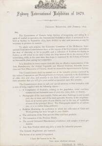 VICTORIAN COURT: &nbsp;Jan.1879 printed invitation to participate and regulations for exhibitors sent &nbsp;from Treasury, Melbourne to the Mayor of Richmond; a printed Exhibitor's Form of Application for the Victorian Court; April 1879 printed invitation from Cust