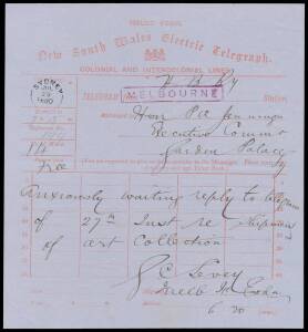 TELEGRAMS: a group of telegram forms used to the Executive Court at the Garden Palace incl. Colonial and Intercolonial Line (Issued form and Transmitted form) and International Line types. Most bear the Sydney datestamp. The communications relate to the t