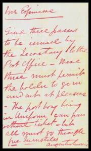 1879 8vo notelet headed '[Arms]/General Post Office/Sydney' in red dated "13th September 1879" - four days before the post office opened - being a request for passes to be issued to the postmaster & his staff at the Garden Palace post office, with note in
