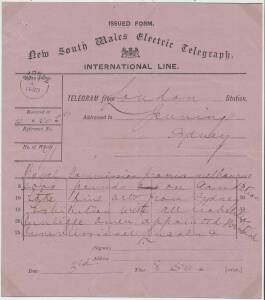 TELEGRAM: New South Wales International Line telegraph form on mauve stock with unusual 'SYDNEY/MAY/4/1880', message from London states "...promise Melbourne 2000 pounds on condition take fine arts from Sydney Exhibition with all liabilities..."