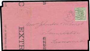 SELF-PROMOTION: 1881 illustrated 'James F McKenzie & Co/Price List' on vivid pink stock with, on the reverse, 'AWARDED FIRST PRIZE/SYDNEY EXHIBITION, 1879/McKENZIE'S/EXTRACT OF COCOA', to Tasmania with Victorian&nbsp;Bell&nbsp;1d green tied by Melbourne duplex of J