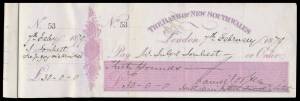 Chequebook for period 4 February - 29 April 1879 (cheques #51-75) operated on behalf of Australian International Exhibitions Ltd by NSW Agent-General Sir Daniel Cooper. The cheques have been restored to their original positions in the book, after being pe
