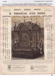 Advertising card for S.Thomas and Sons, British Needle Mills, Redditch, England, extolling their First Prize/Highest Award achieved in Sydney, and with at centre an illustration photograph of their display at the Exhibition.