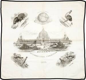 LADIES COTTON SCARF, "Sydney International Exhibition 1879", showing Exhibition building, echidna, emu, kangaroo & Tasmanian Tiger, size 59x56cm.