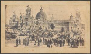Group with albumen photograph of an engraving of the Garden Palace laid down on card; engraving "Sydney International Exhibition - The Japan Court"; plus modern postcard. (3 items).