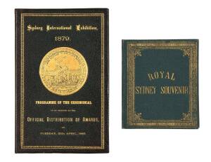 "PROGRAMME OF THE CEREMONIAL to be observed at the OFFICIAL DISTRIBUTION OF AWARDS on TUESDAY, 20th APRIL, 1880" 12 pages in ornate green leather and gilt boards; an albumen photograph of the Exhibition building affixed on the inside front cover; another,