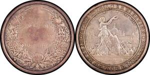 MEDALLIONS: Silver (76mm) Woman on harbourside holding wreath and shield with NSW coat of arms surrounding symbols of art and industry, Garden Palace in background, obverse native fauna wreath surrounding 'SIR JOHN HAY, K.C.M.G./ VICE-PRESIDENT/ -of- / CO