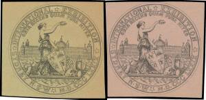 MEDAL FACSIMILES: a group of printed facsimiles of the Sydney International Exhibition Medal in black on various colours of paper stock, believed sold at the Exhibition, some cut to shape. (12 items).