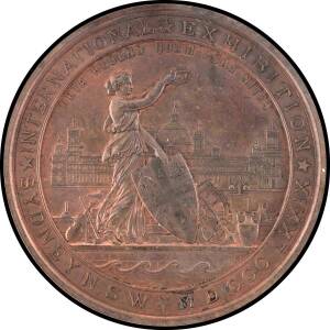 MEDALLIONS: Uninscribed&nbsp;Bronze (76mm) Woman on harbourside holding wreath and shield with NSW coat of arms surrounding symbols of art and industry, Garden Palace in background, obverse native fauna wreath, small relief 'J.B. & A.S. WYON' at base, aFDC.
