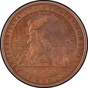 MEDALLIONS: Bronze (76mm) Dot after 'CCC' in Date, Woman on harbourside holding wreath and shield with NSW coat of arms surrounding symbols of art and industry, Garden Palace in background, obverse native fauna wreath surrounding 'W. MILNER & SONS / THIRD