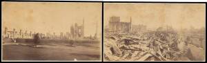 1882 "Sydney Exhibition Building - after the fire", group of six 1882 albumen paper photographs, by Charles Bayliss; laid down on cards, showing different scenes after the fire. (6 items).