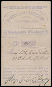 SEASONS TICKETS : Lady's Seasons ticket for the Melbourne International Exhibition printed in blue on white card for Miss Lily Warburton; together with Gentleman's Season Ticket printed in black on grey for Mr E.M. Jackson. (2 items).