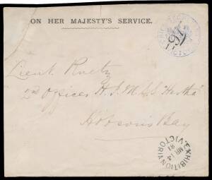 OHMS MAIL FROM THE EXHIBITION: 1881 envelope with Exhibition embossing in rosine on the flap, to "2nd Officer HIMSS Hertha/Hobsons Bay" with part BN '[MC]/97' & superb 'EXHIBITION/MR14/81/VICTORIA' cds, repaired at upper-left. [The German ship "Hertha" vi