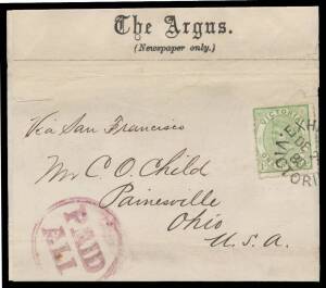 COMMERCIAL MAIL FROM THE EXHIBITION: 1880&nbsp;Argus&nbsp;(newspaper) wrapper to Ohio with&nbsp;Bell&nbsp;1d tied by superb part-strike of the Exhibition cds & 'PAID/ALL' h/s in murky purple.