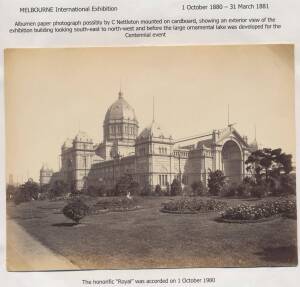 ALBUMEN PHOTOGRAPH, &nbsp;possibly by Charles Nettleton, mounted on cardboard, showing exterior view of the Exhibition Building before the large ornamental lake was developed.