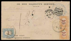 OFFICIAL MAIL FROM THE EXHIBITION: 1882 usage of OHMS envelope with Exhibition embossing in blue on the flap & 'BRITISH COURT/...' imprint at lower-left, to Italy (!) "per Orient Steamer via Naples" with Melbourne duplex of MR21/82, 'BRINDISI' transit b/s