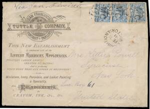 PRIVATE MAIL FROM THE EXHIBITION: 1881 illustrated cover for the Melbourne branch of the American firm&nbsp;Tuttle & Co Portraitists, to America with&nbsp;Laureates&nbsp;6d single & pair tied by three fine to very fine strikes of the BN 'MC/97', largely very fine 'EXHIB