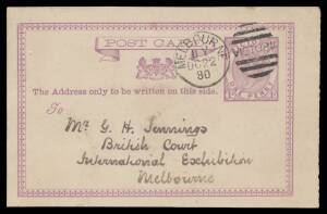 BRITISH COURT: 1880 usage of 1d Postal Card with Melbourne duplex of DC22/80, to "GH Jennings/British Court/International Exhibition", superb Exhibition arrival b/s, stained on the reverse. [The brief message is from the American Commission requesting a m