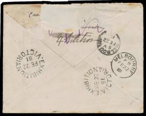 UNITED KINGDOM: 1881 cover from England to "RW Cameron/British Commission/Melbourne" with 6d only, taxed on arrival at Melbourne with superb '("2d")/MORE TO PAY' h/s, redirected to the&nbsp;Australian Club&nbsp;with two very fine to superb strikes of the Exhibitoon