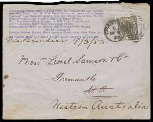 SELF-PROMOTION: 1883 British cover with R&nbsp;Hornsby & Sons (Grantham) embossing on the flap and lengthy listing of Exhibition awards including "Twelve Highest Awards" at Melbourne, to Western Australia "via Brindisi" with 6d grey with perfin 'RH/&S' "tied" 