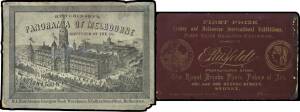 SOUVENIR FOLDER: German produced souvenir folder (11cm x 8cm.) in green cover with series of panoramic views of Melbourne and map of Victoria on back; made for Hutchinson's Glasgow Book Warehouse, Collins Street West; also a carte-de-visite for Peter Emil