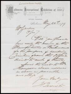 DOCUMENTS: group of printed and hand-written papers relating to the Melbourne International Exhibition incl. ornate billhead for Victoria Iron Rolling Co. who were Exhibitors at the MIE, The Age leaflets requesting details of their displays from exhibitor