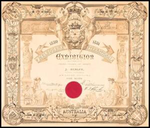 AWARD CERTIFICATE, "1880-1881 Melbourne International Exhibition", awarded to J. Henley of Oxley, Victoria, for Hops, window mounted, overall 63x56cm. Engraved by A.Rampant-Walter; printed by Hamel & Ferguson.James Henley, who had arrived from England in 