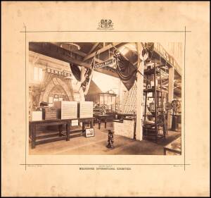 ALBUMEN PHOTOGRAPHS, laid down on mounts with Royal Coat-of-Arms, "Melbourne International Exhibition/ C.Nettleton Photo, Melbourne", showing three different views of the Victorian Court, each overall 40x38cm (one with mount slightly trimmed). (3 items).