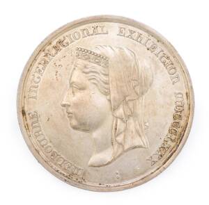 MEDALLIONS: Silvered Bronze (76mm) Queen Victoria veiled head facing left 'H.STOKES' in truncation 'MELBOURNE INTERNATIONAL EXHIBITION MDCCCLXXX', reverse '"VITAM / EXCOLVERE / PER ARTES"' in center of enclosed wreath 'H.STOKES' at base, 7mm edge inscribe