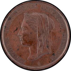 MEDALLIONS: Bronze (76mm) Queen Victoria veiled bust facing left &nbsp;'H.STOKES' in truncation,&nbsp;'MELBOURNE INTERNATIONAL EXHIBITION MDCCCLXXX', reverse '"VITAM / EXCOLVERE / PER ARTES"' in center of enclosed wreath, 7mm edge inscribed 'G BRUNNING AND SON - FL