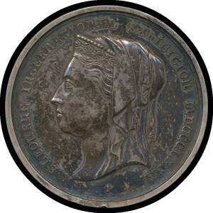 MEDALLIONS: Silver (51mm) Queen Victoria veiled bust facing left 'H.STOKES' in truncation 'MELBOURNE INTERNATIONAL EXHIBITION MDCCCLXXX', reverse '"VITAM / EXCOLVERE / PER ARTES"' in center of enclosed wreath 'H.STOKES' in relief at base, 5mm edge inscrib