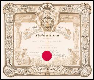 AWARD CERTIFICATE: 1880-1881 MELBOURNE INTERNATIONAL EXHIBITION, diploma to William Gilbee, awarded a Silver Medal For Services, with artwork by A.Rampant-Walter, printed by Hamel & Ferguson, window mounted, overall 71x63cm.William Gillbee [1825-1885] was