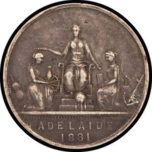 MEDALLIONS: Silver (30mm) seated female figure facing, symbols of industry in background, reverse 'AWARDED TO / E.BEARE / AND CO.' within (thin bow) wreath, VF. Scarce [These medals were overstruck on English Gothic florins, there are two types, thin or t