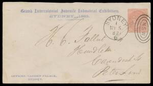 EXHIBITION POSTAL STATIONERY: 1882 usage of 1d Envelope overprinted in blue with 'Grand International Juvenile Industrial Exhibition/Sydney 1882' imprint at the top & 'OFFICES, GARDEN PALACE/SYDNEY' at lower-left, superb Sydney duplex of MY5/82 & poor Pet