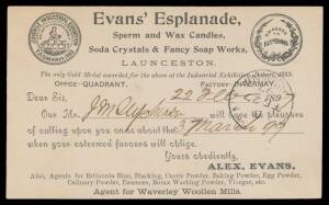 SELF-PROMOTION: 1897 use of Tasmanian 1d Postal Card with illustrated advertisement on the reverse for Evans' Esplanade Sperm and Wax Candles