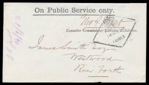 TASMANIA OPSO ENVELOPE: 1883 envelope with 'Executive Commissioner, Calcutta Exhibition' imprint at the top & countersigned "Thos Jost", diamond '[crown]/FREE/14AU14/1883' datestamp of Launceston in black (scarce thus) & 'FORTH' arrival b/s, part of the f