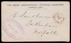 EXHIBITION ENVELOPE: 1883 cover with 'THE GREAT INTERNATIONAL FISHERIES EXHIBITION/LONDON 1883' imprint at the top & largely superb strike of triple-oval 'GREAT INTERNATIONAL FISHERIES EXHIBITION 1883/18APL83/SOUTH KENSINGTON' datestamp in violet at lower